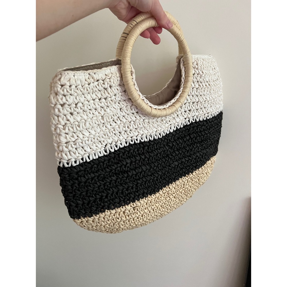 Talbots‎ Crochet Straw Circle-Handled Tote Cream Black White